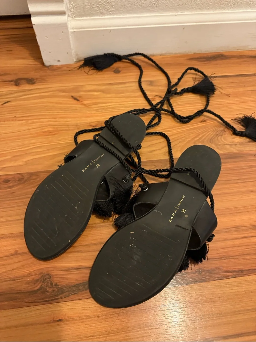Zara Black Fringe Tie-Up Sandals - Picture 8 of 9